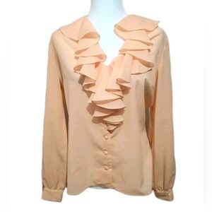 Vintage 1970s Malbe Original Volup Apricot Ruffle Trim Sheer Blouse Size…